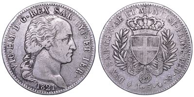 Vittorio Emanuele I di Savoia, Regno di Sardegna, 5 Lire 1821 (Torino), argento