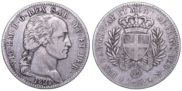 REGNO DI SARDEGNA. VITTORIO EMANUELE I DI SAVOIA, 1802-1821. 5 Lire 1821. Torino.