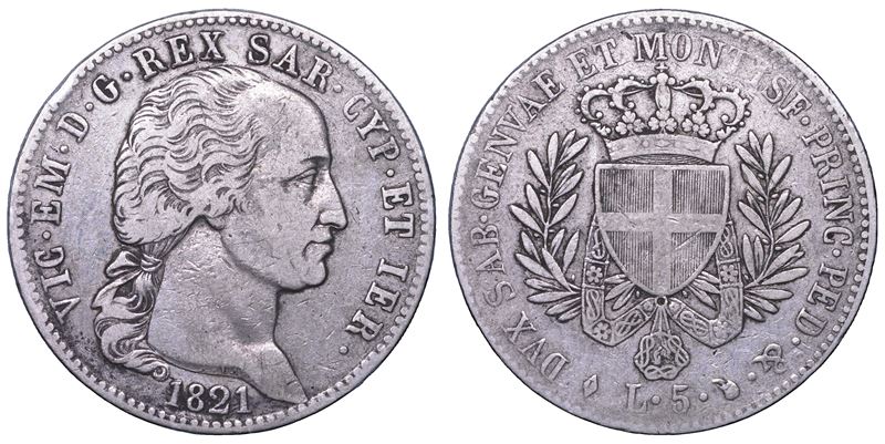 Vittorio Emanuele I di Savoia, Regno di Sardegna, 5 Lire 1821 (Torino), argento