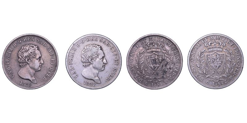 Regno di Sardegna (Carlo Felice di Savoia), Lotto di due monete da 5 Lire 1827 e 1829, zecca di G...