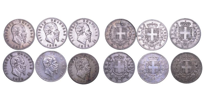 Regno d’Italia, Vittorio Emanuele II di Savoia, Lotto di sei monete in argento (1861-1878)