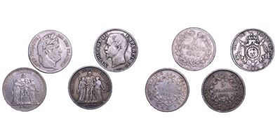 Francia, lotto di quattro monete da 5 franchi (Louis-Philippe I, Napoleone III, Terza Repubblica)