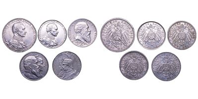 Germania, Lotto di cinque monete: 2 e 3 Mark (Baden e Prussia), argento, 1901–1913