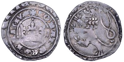 Johann I von Luxemburg (attrib.), Prager Groschen, Boemia, zecca di Praga, corona e leone rampant...