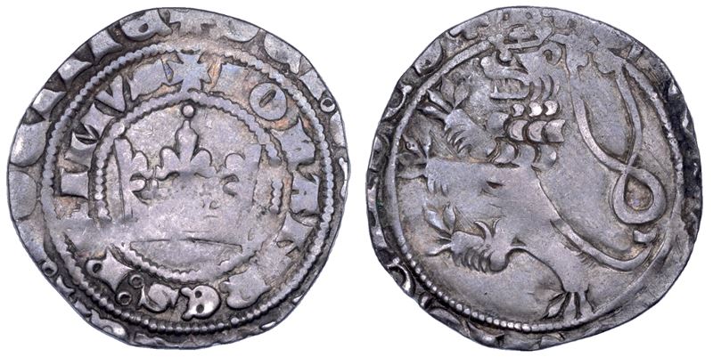 Johann I von Luxemburg (attrib.), Prager Groschen, Boemia, zecca di Praga, corona e leone rampant...