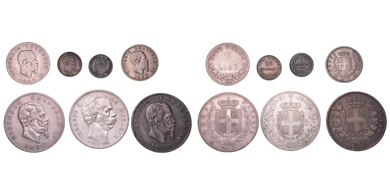 Regno d’Italia, Vittorio Emanuele II e Umberto I, lotto di sette monete (argento e rame)