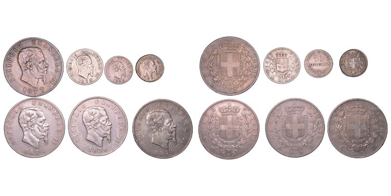 Regno d’Italia, Vittorio Emanuele II di Savoia (1861-1878), lotto di sette monete in argento