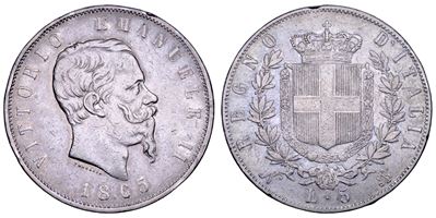 Vittorio Emanuele II di Savoia, 5 Lire 1865 Regno d’Italia (Napoli)