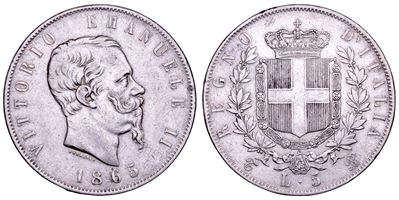 Vittorio Emanuele II di Savoia, 5 Lire 1865 (Torino), Regno d’Italia