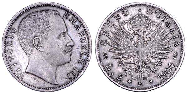 REGNO D'ITALIA. VITTORIO EMANUELE III DI SAVOIA, 1900-1946. 2 Lire 1904. Aquila Sabauda.
