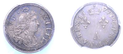 Francia, Luigi XIV (1643–1715), 2 sols 1677, piefort tranche striee