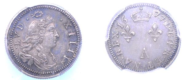 FRANCIA. LOUIS XIV, 1643-1715. 2 sols 1677, piefort tranche striee.