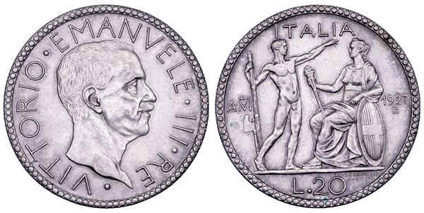REGNO D'ITALIA. VITTORIO EMANUELE III DI SAVOIA, 1900-1946. 20 Lire 1927/A. VI.