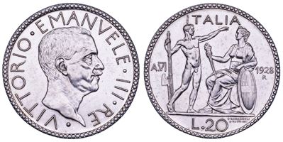 Regno d’Italia, Vittorio Emanuele III di Savoia, 20 Lire 1928/A (VI), argento
