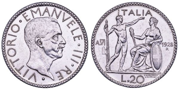 REGNO D'ITALIA. VITTORIO EMANUELE III DI SAVOIA, 1900-1946. 20 Lire 1928/A. VI.