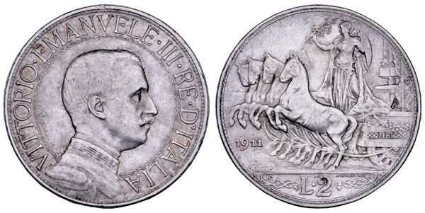 REGNO D’ITALIA. VITTORIO EMANUELE III DI SAVOIA, 1900-1946. 2 Lire 1911. Quadriga veloce.