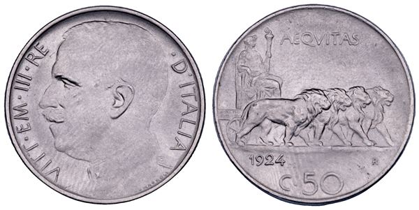 REGNO D'ITALIA. VITTORIO EMANUELE III DI SAVOIA, 1900-1946. 50 Centesimi 1924. Leoni (bordo liscio).