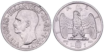 Vittorio Emanuele III di Savoia, Lira 1936 (Impero), nichel, aquila ad ali spiegate e fascio litt...