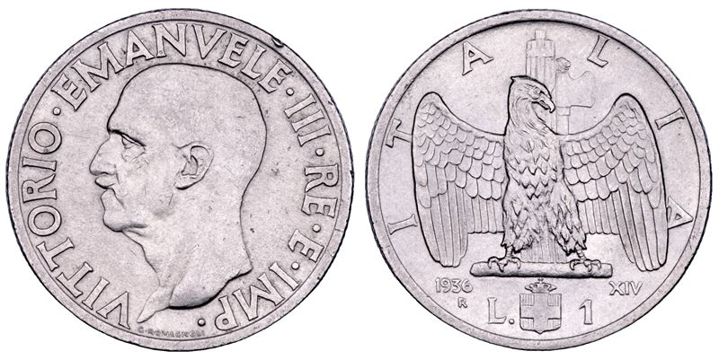 Vittorio Emanuele III di Savoia, Lira 1936 (Impero), nichel, aquila ad ali spiegate e fascio litt...