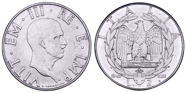 REGNO D'ITALIA. VITTORIO EMANUELE III DI SAVOIA, 1900-1946. 2 Lire 1943. Impero.