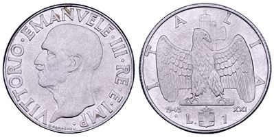 Vittorio Emanuele III di Savoia, Lira 1943 (Impero) — nichel, diametro 26,67 mm
