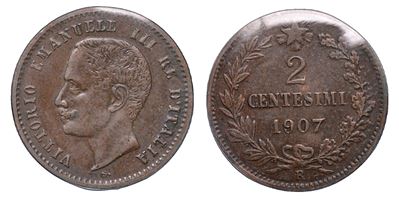 Vittorio Emanuele III di Savoia, Regno d’Italia, 2 Centesimi 1907 (rame)