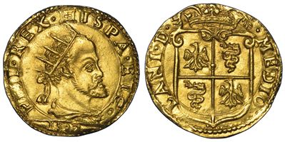 Filippo II d’Asburgo, Doppia 1582, busto radiato con stemma inquartato