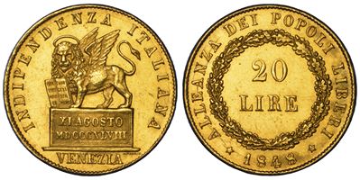 Governo Provvisorio di Venezia, 20 Lire Venezia (1848), oro