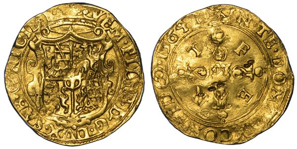 DUCATO DI SAVOIA. EMANUELE FILIBERTO Testa di ferro, 1538-1580. II Periodo Duca, 1559-1580. Scudo d'oro del Sole 1564. VI tipo. Nizza.