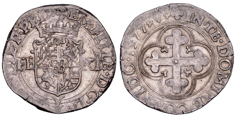 Emanuele Filiberto, Duco di Savoia (testa di ferro), 1577 — Scudo inquartato con croce mauriziana