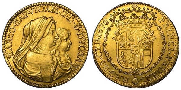 DUCATO DI SAVOIA. VITTORIO AMEDEO II Il primo re sabaudo, 1675-1680. Reggenza della madre MARIA GIOVANNA BATTISTA SAVOIA NEMOURS. Doppia 1678. Torino.