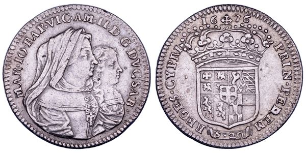 DUCATO DI SAVOIA. VITTORIO AMEDEO II Il primo re sabaudo, 1675-1680. Reggenza della madre MARIA GIOVANNA BATTISTA SAVOIA NEMOURS. Lira 1676.