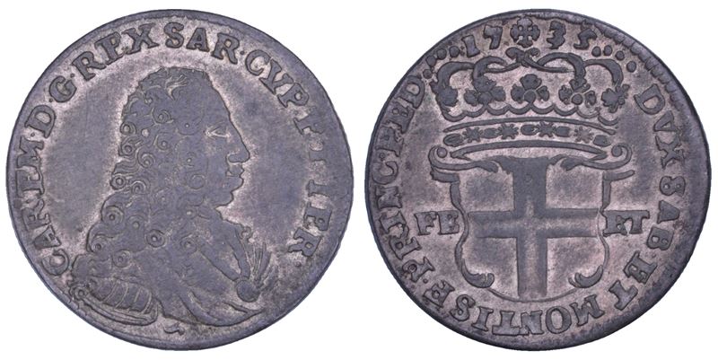 Carlo Emanuele III di Savoia (attrib.), Regno di Sardegna, 5 soldi 1735 (busto e scudo sabaudo)
