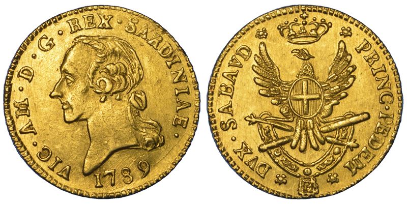 Vittorio Amedeo III di Savoia, Mezza doppia nuova, Regno di Sardegna, 1789, Torino, oro