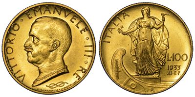 Vittorio Emanuele III di Savoia, 100 lire Regno d’Italia 1933/A (XI), oro