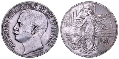 Vittorio Emanuele III di Savoia, Regno d’Italia, 5 Lire 1911 (Cinquantenario)