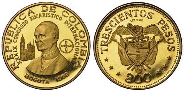 COLOMBIA, Repubblica.  PAOLO VI, 1963-1978. Da 300 Pesos in oro 1968. Bogotá. Emissione commemorativa del Congresso Eucaristico Internazionale.