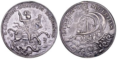 Ungheria, Medaglia in metallo bianco del XIX secolo (San Giorgio e il drago; mare in tempesta)