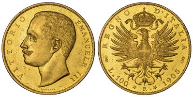 Vittorio Emanuele III di Savoia, 100 Lire Regno d'Italia (1905) – Aquila Sabauda, oro