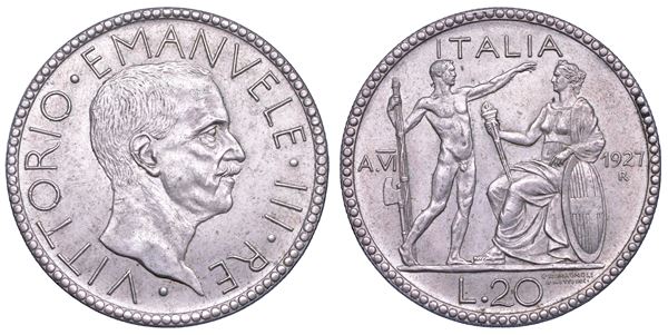 REGNO D'ITALIA. VITTORIO EMANUELE III DI SAVOIA, 1900-1946. 20 Lire 1927/A. VI.