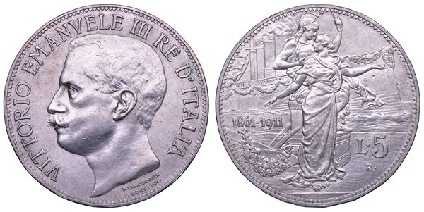 REGNO D'ITALIA. VITTORIO EMANUELE III DI SAVOIA, 1900-1946. 5 Lire 1911. Cinquantenario.