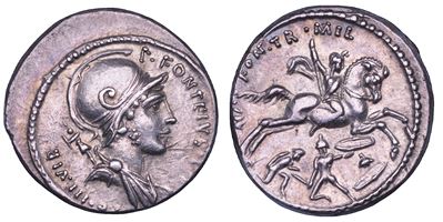 Fonteius P. f. Capito, Denario romano (55 a.C.) con Marte e cavaliere al galoppo