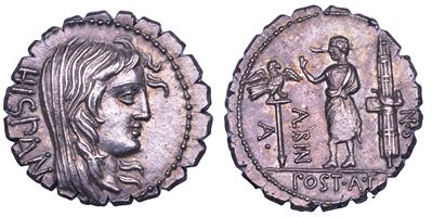 Postumius A.f. Sp.n. Albinus, Denario serrato con testa velata di Hispania e figura stante