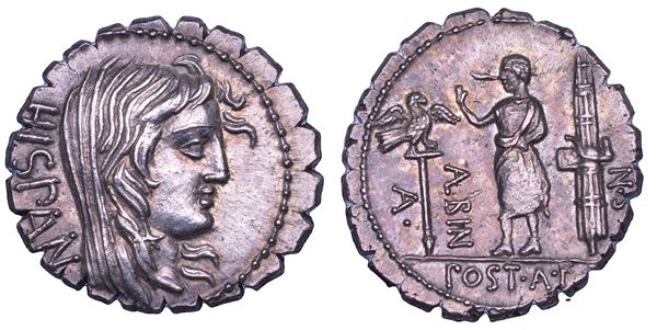 POSTUMIA. A. Postumius A.f. Sp.n. Albinus, 81 a.C. Denario serrato.