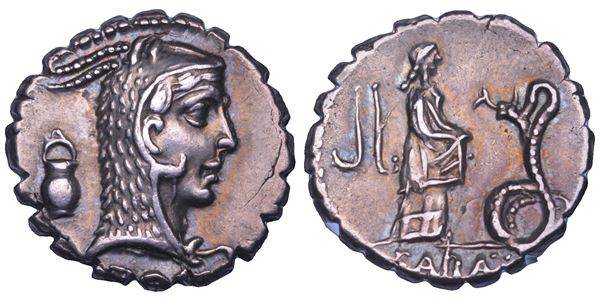 ROSCIA. L. Roscius Fabatus, 59 a.C. Denario serrato.