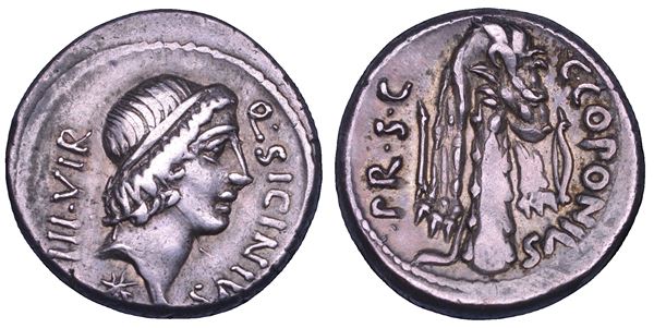 SICINIA. Q. Sicinius e C. Coponius. Denario, zecca itinerante al seguito di Pompeo, 49 a.C.