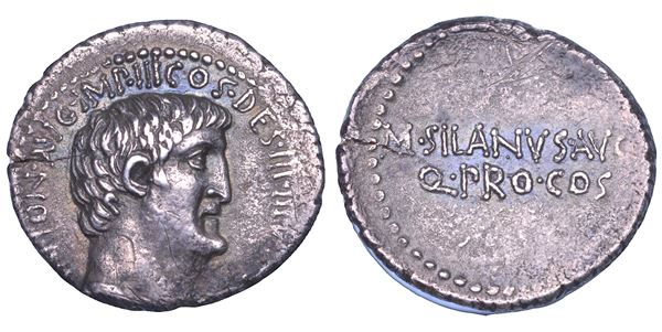 MARCO ANTONIO con M. SILANO. Denario, zecca itinerante al seguito di Marco Antonio, 33 a.C.
