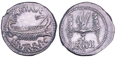 Marco Antonio, Denario (zecca itinerante), 32-31 a.C.
