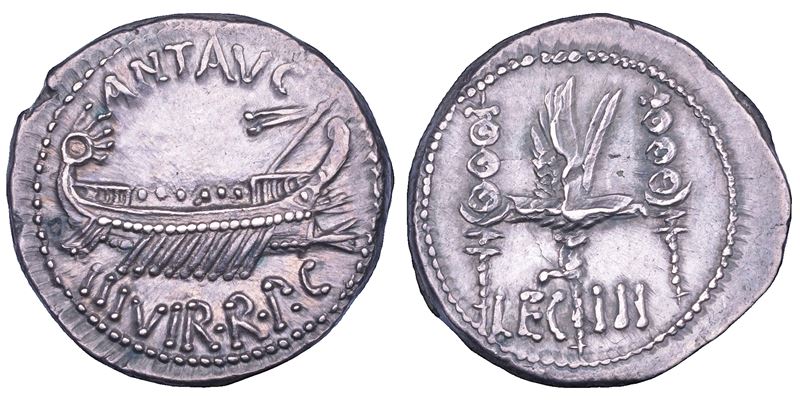 Marco Antonio, Denario (zecca itinerante), 32-31 a.C.