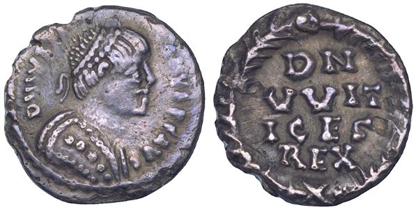 OSTROGOTI. VITIGE, 536-540. Mezza siliqua a nome di Giustiniano I, 527-565. Emessa a Ravenna circa negli anni 536-538 d.C.